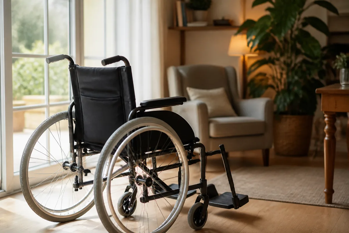 Fauteuil roulant manuel garé près d&rsquo;une fenêtre dans un salon lumineux