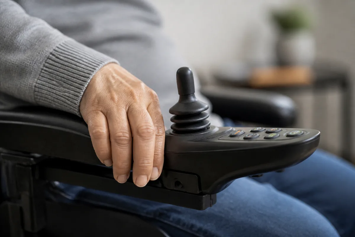 Manette de commande d&rsquo;un fauteuil roulant électrique vue de près sur un accoudoir