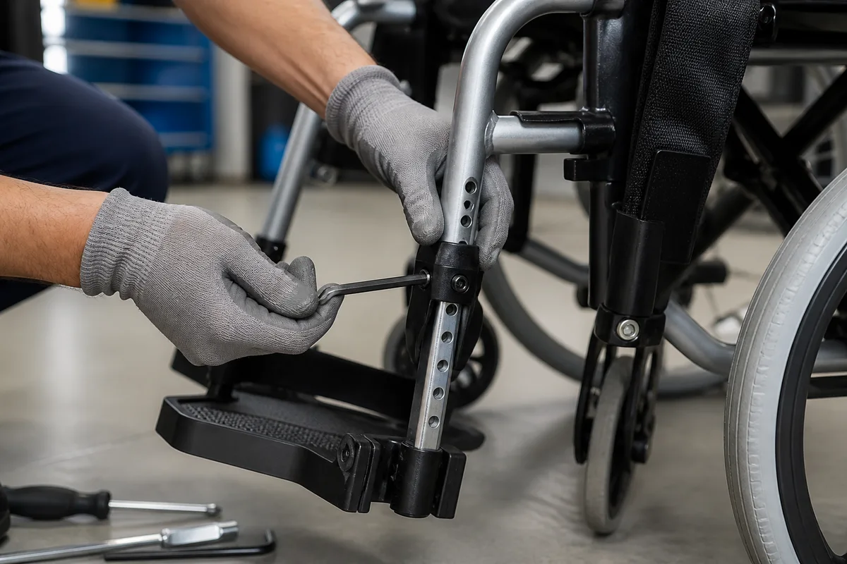 Technicien réglant la hauteur d&rsquo;un repose-pied de fauteuil roulant avec une clé