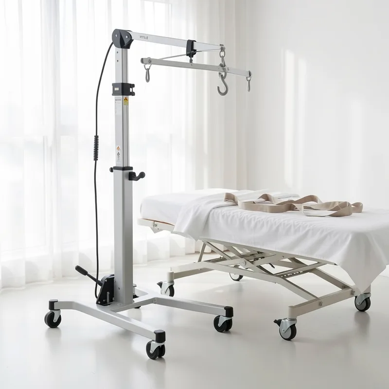 Lève-personne mobile sur roues stationné près d’un lit médicalisé dans une chambre lumineuse