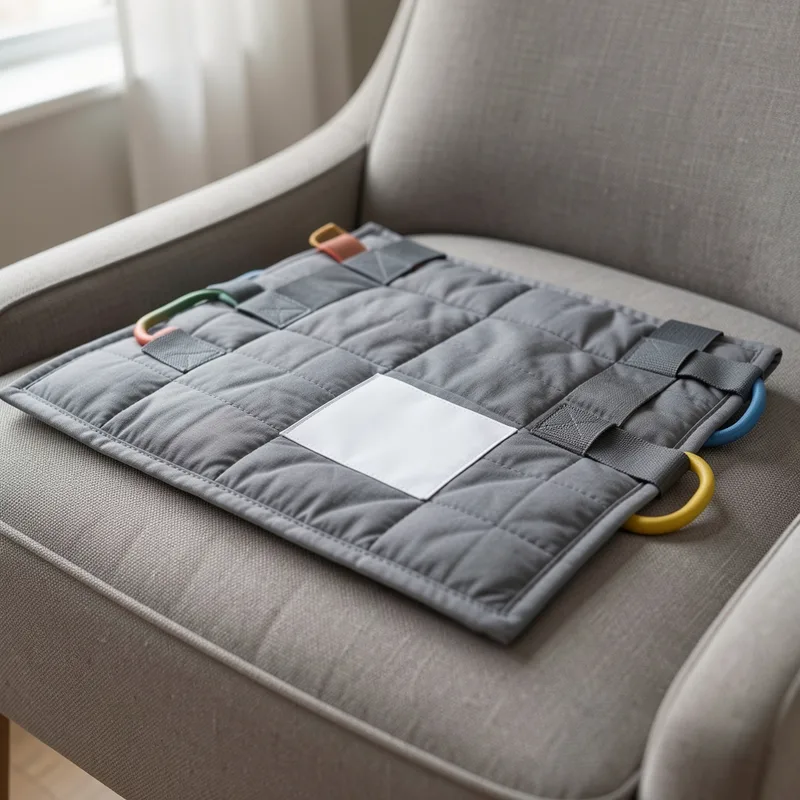 Sangle de transfert en toile matelassée posée sur un fauteuil, boucles et étiquette visibles