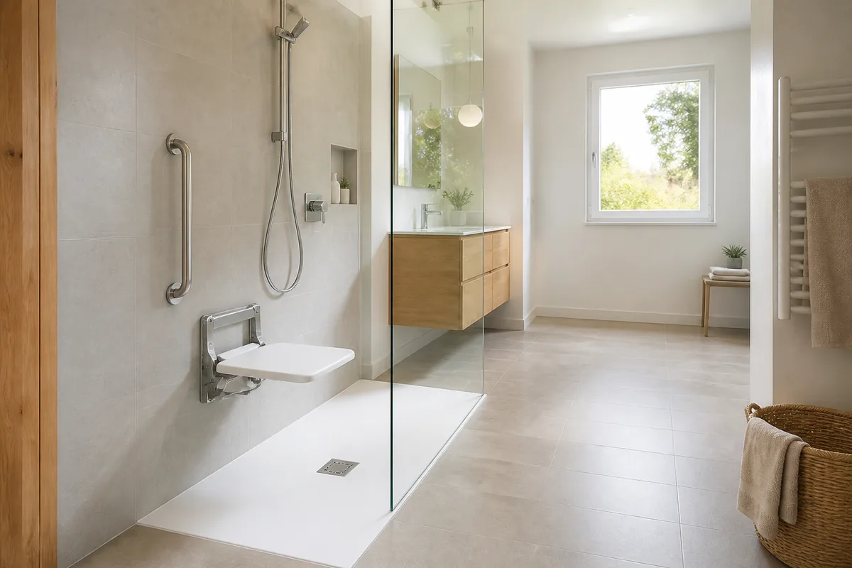 Douche de plain-pied avec receveur extra-plat, barre d’appui et siège mural rabattable