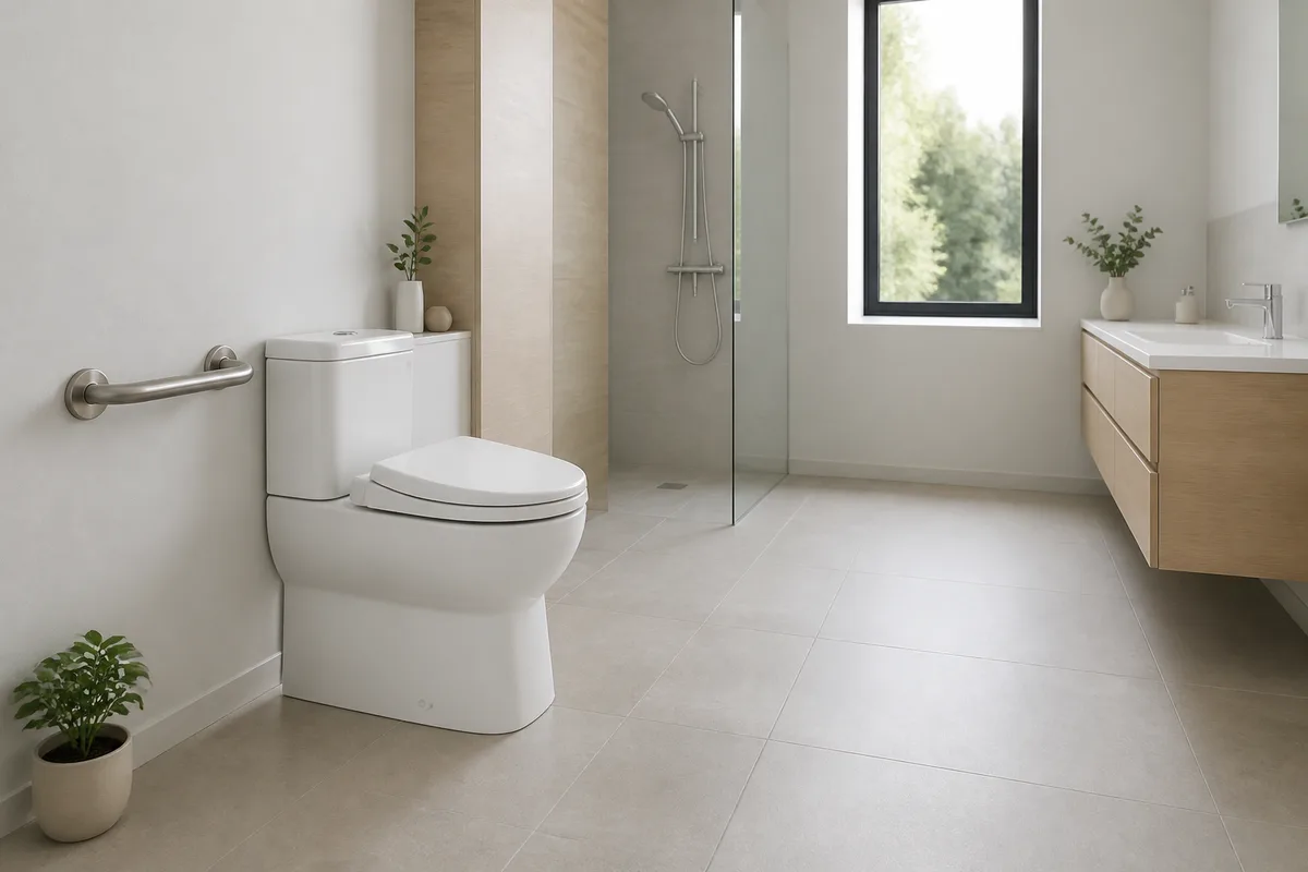 Barre d’appui inox fixée près d’un WC surélevé dans une salle de bain claire