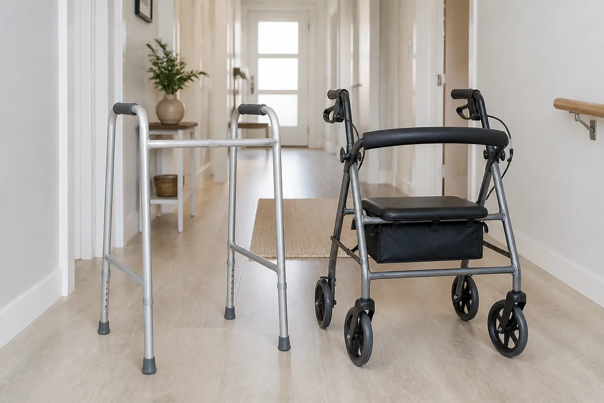 Déambulateur à cadre fixe et rollator quatre roues placés côte à côte dans un couloir