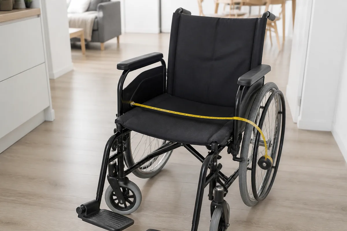 Mètre ruban posé sur l&rsquo;assise d&rsquo;un fauteuil roulant manuel pendant la prise de mesures