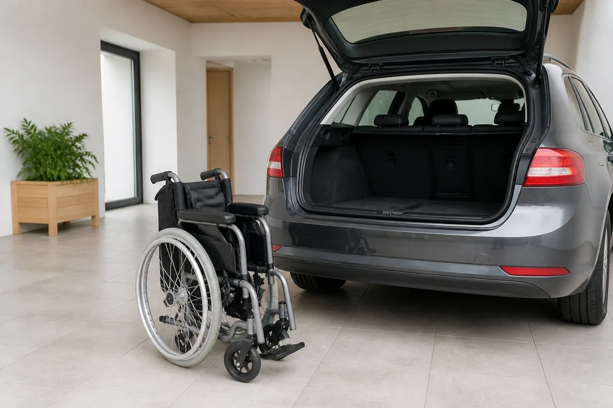 Fauteuil roulant manuel plié posé devant un coffre de voiture ouvert