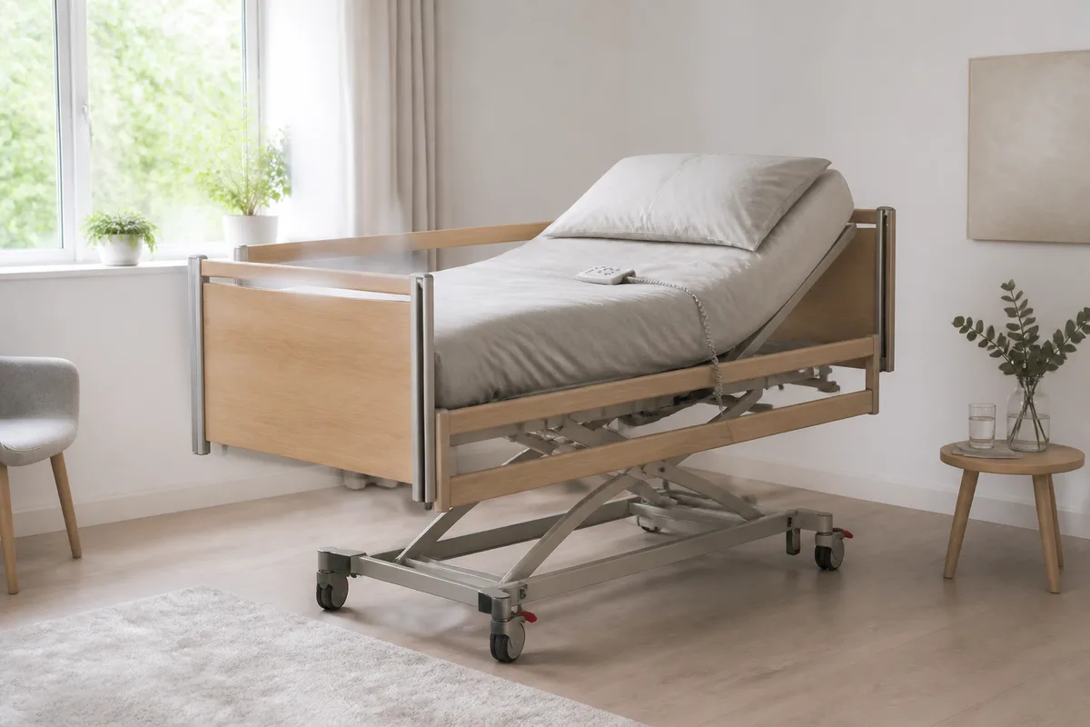 Lit médicalisé en position haute dans une chambre lumineuse, télécommande posée sur le drap