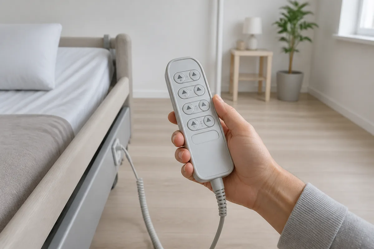 Télécommande filaire d&rsquo;un lit médicalisé tenue en main, boutons de réglage visibles