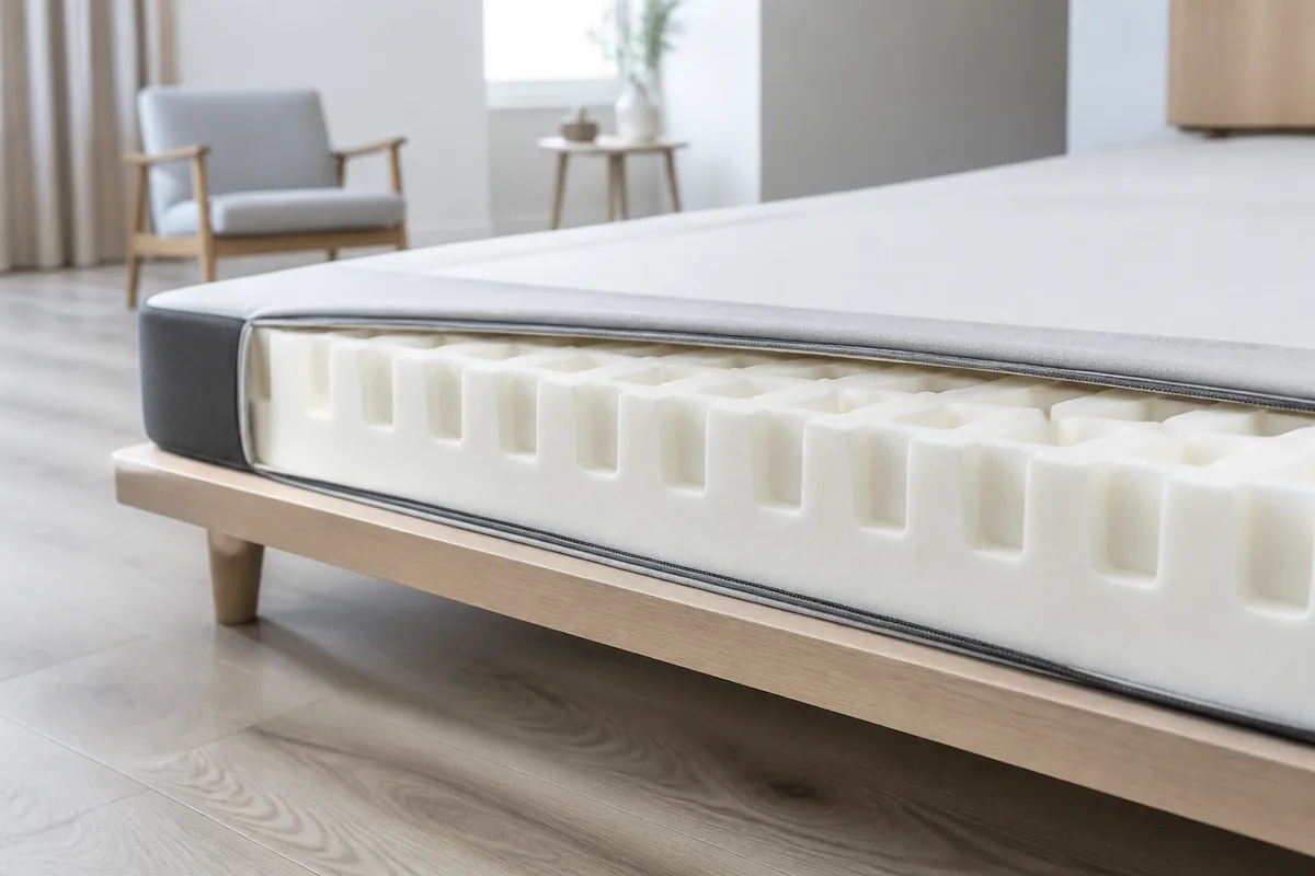 Coupe d&rsquo;un matelas anti-escarres montrant les alvéoles de mousse gaufrier