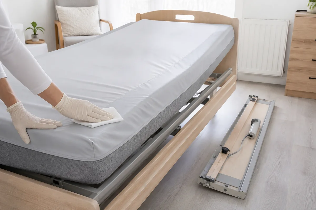 Housse imperméable d&rsquo;un matelas médicalisé en cours de nettoyage sur un lit démonté