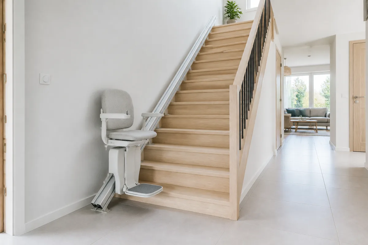Monte-escalier à rail droit installé le long d&rsquo;une volée d&rsquo;escalier en bois