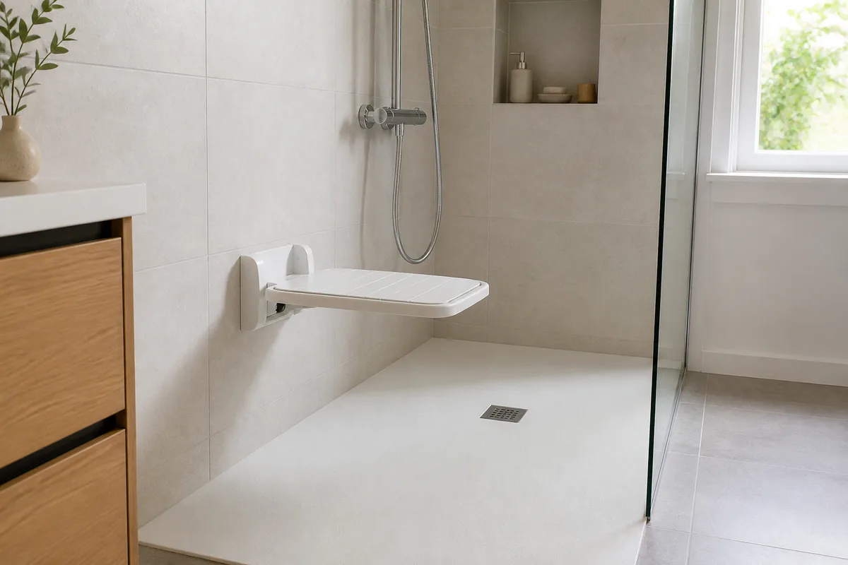 Siège de douche mural rabattable en position ouverte dans une douche carrelée