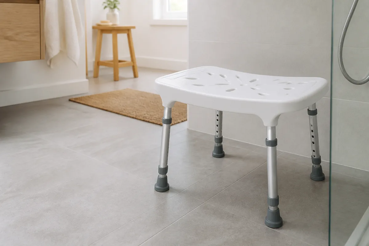 Détail d&rsquo;une assise de douche ajourée en polypropylène avec pieds réglables